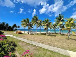 On the beach, sun loungers, beach towels