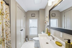Hair dryer, towels, soap, toilet paper