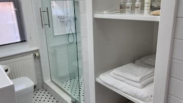 Shower, hair dryer, towels, soap