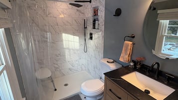 Shower, hair dryer, towels, soap