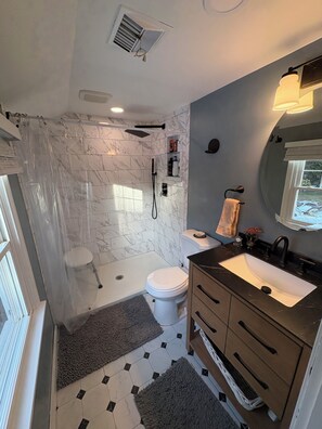 Shower, hair dryer, towels, soap