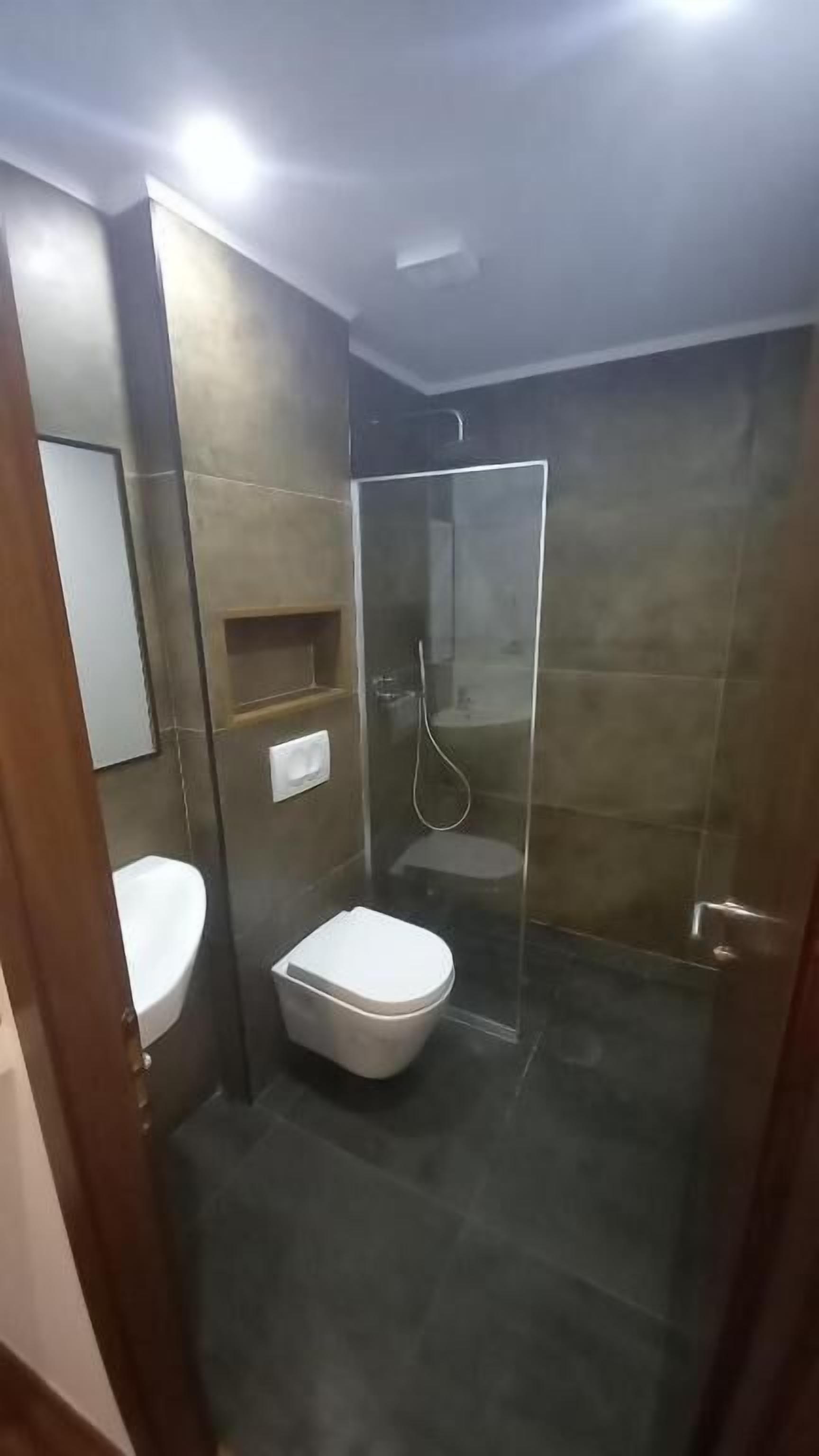 A bathroom with a toilet, a glass-enclosed shower, and a mirror.