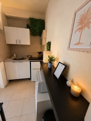 Une cuisine compacte avec des meubles blancs, un évier et un plan de travail. Un pot de plante est accroché au mur, et une photo encadrée représentant un palmier y est également fixée.