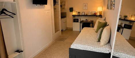 Une chambre avec un lit, une télévision, un bureau et un coin cuisine.
