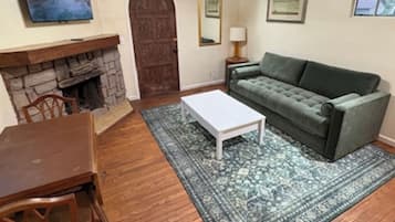 Smart TV, fireplace, books