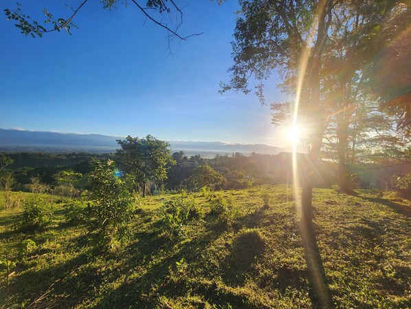 Un paysage caractérisé par un ciel dégagé, la lumière du soleil et des montagnes lointaines.