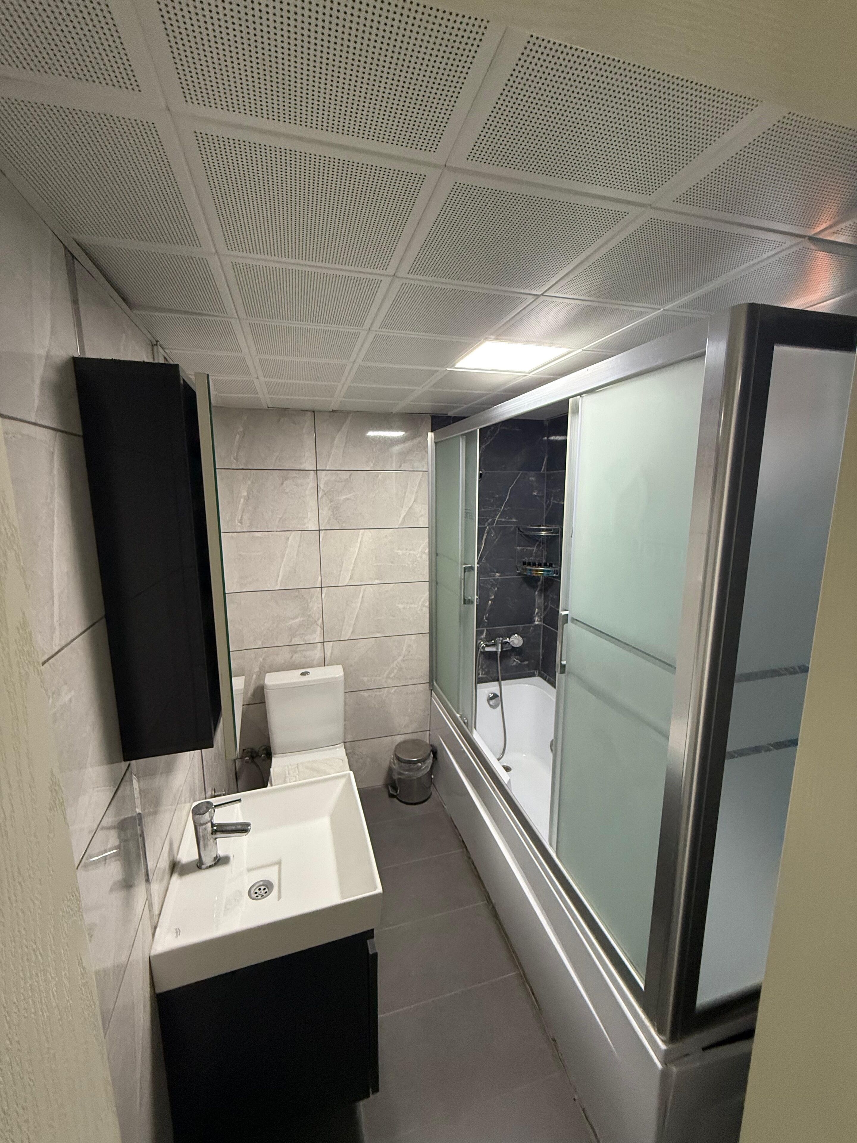 Un baño moderno con inodoro, lavabo y ducha.