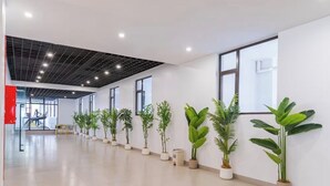 Um espaço amplo e interno com piso de azulejos, plantas em vasos e grandes janelas.