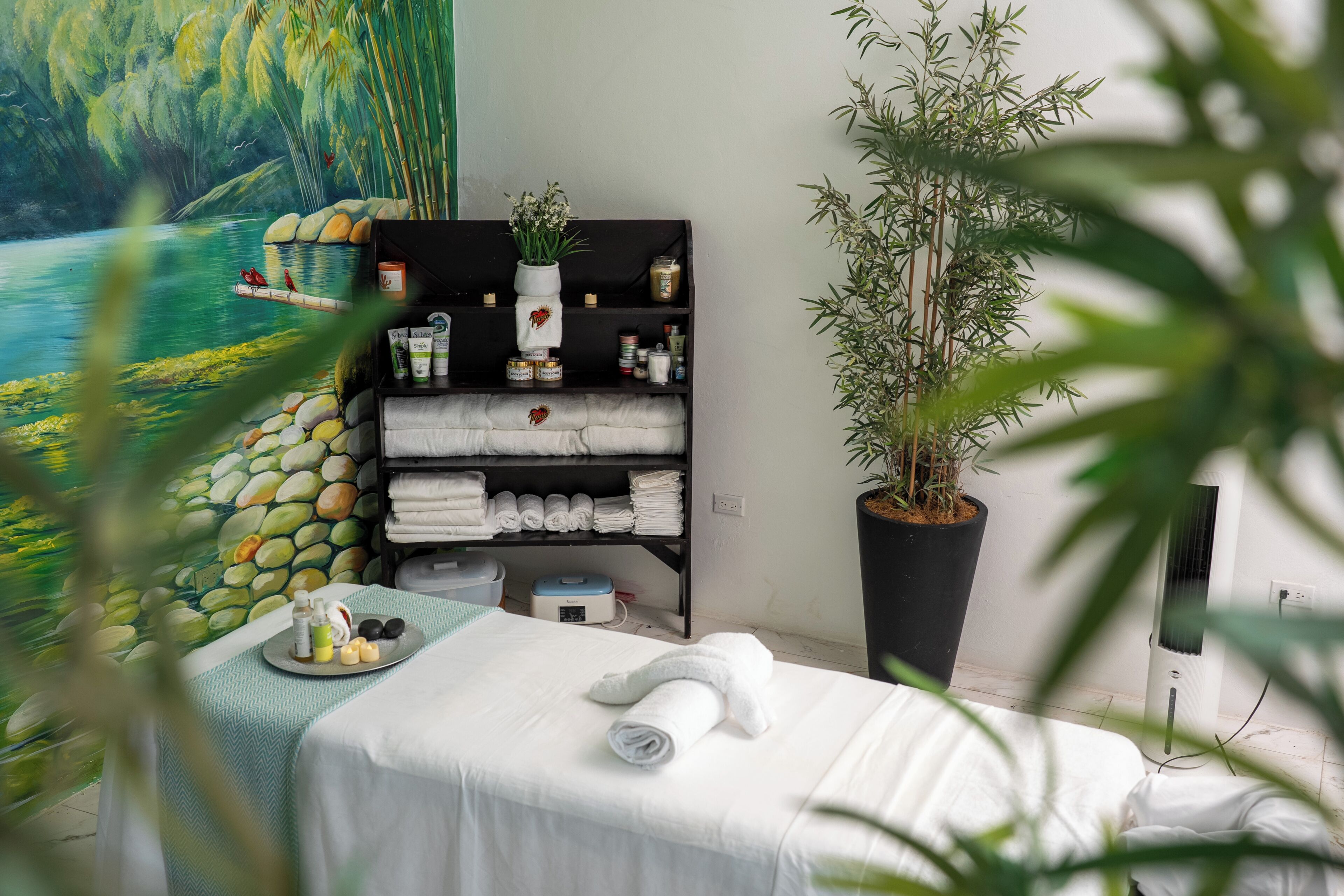 Une salle de spa équipée d’une table de massage, d’une étagère avec des serviettes et des articles de toilette, d’une grande plante en pot et d’une fresque représentant un paysage fluvial.
