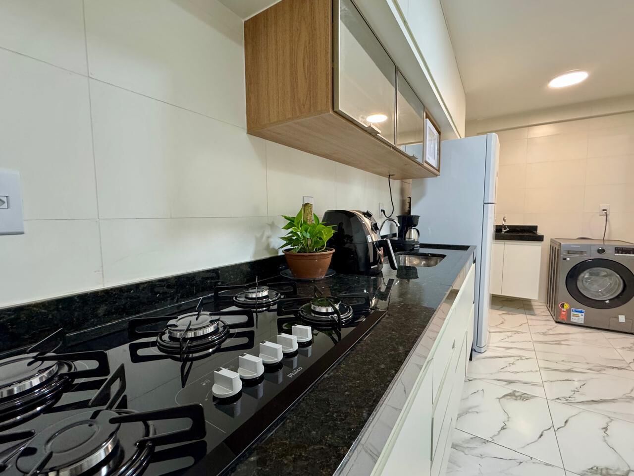 A modern kitchen with a black countertop, a gas stove, a potted plant, and a washing machine in the background.