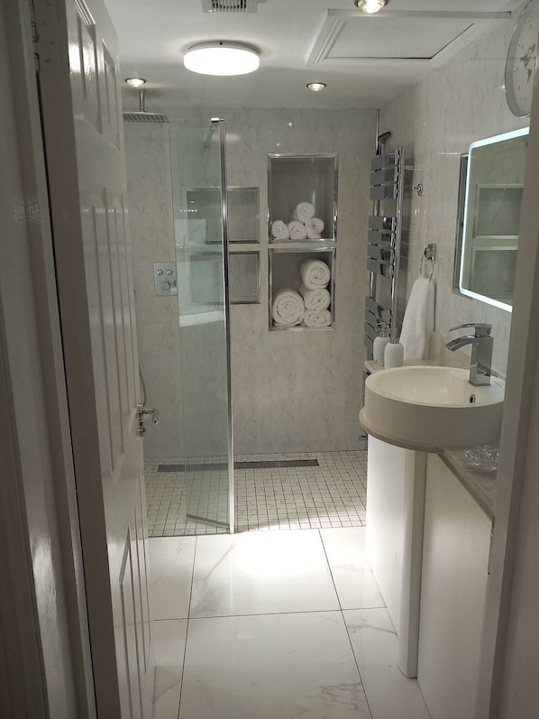 Shower, hair dryer, towels, soap
