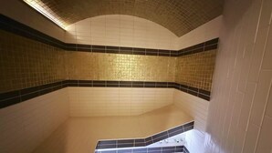En flisbelagt swimmingpool med et buet loft og en lille trappe til et højere niveau.