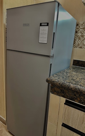 A stainless steel refrigerator with a label and a kitchen counter. - Atlas 001 (Tangier)