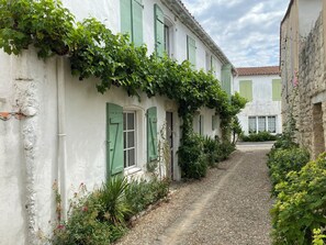 Un estrecho sendero empedrado flanqueado por edificios blancos con contraventanas verdes y hiedra.