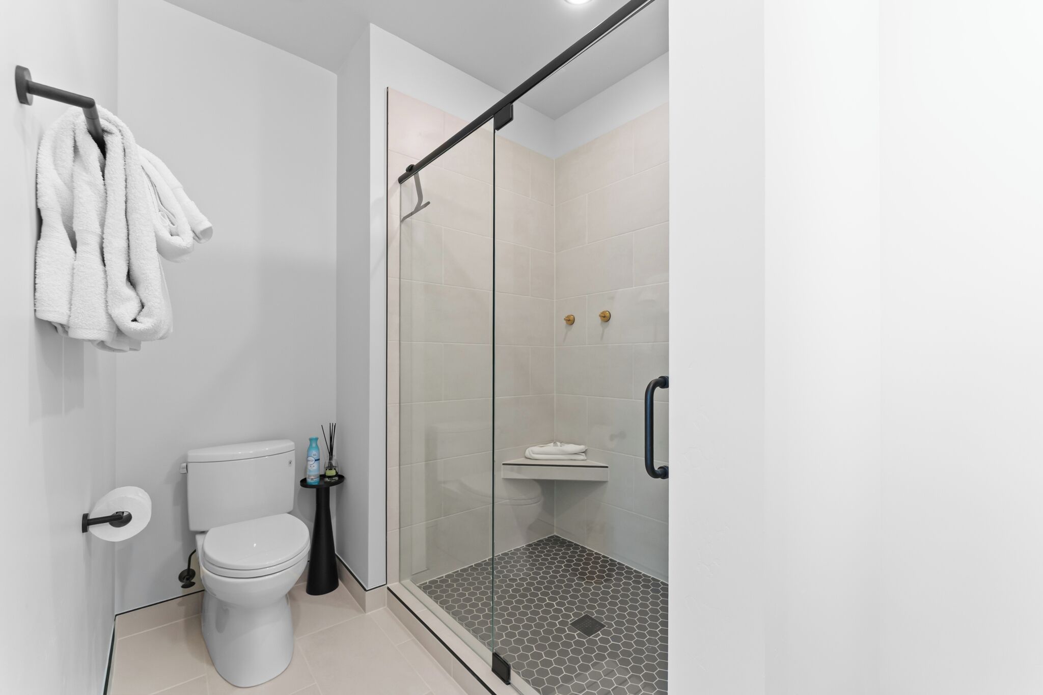 A modern bathroom with a glass shower enclosure, a toilet, and a towel rack.