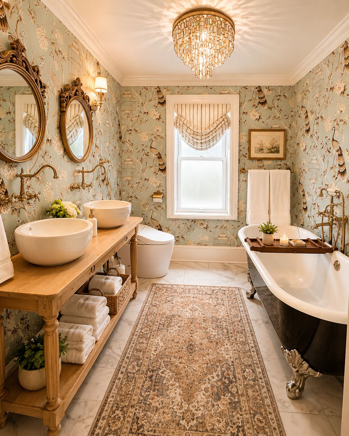 Ein Badezimmer mit zwei Waschbecken, einer Badewanne, einer Kristalllüster und einem gemusterten Teppich.