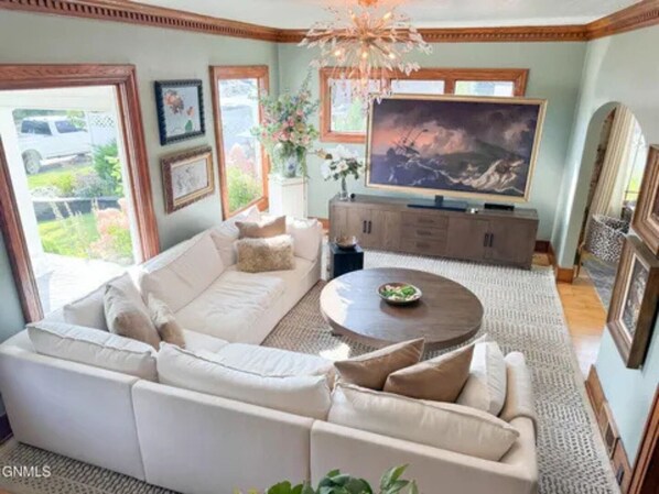 Smart TV, fireplace, books