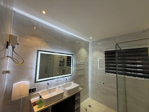 Shower, towels, soap, toilet paper