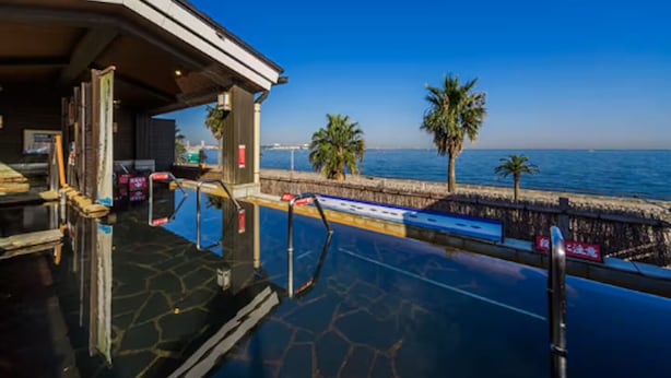 A poolside area with a view of the sea, palm trees, and a building with a covered patio.