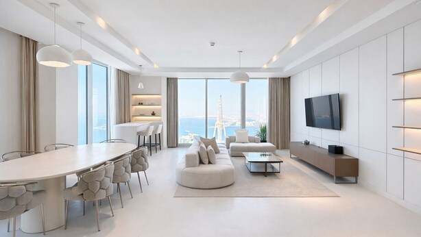 A modern living room with a dining area, a sofa set, a coffee table, and a TV mounted on the wall. - Exclusive Palm View Penthouse, Terrace & Pool (Dubai)