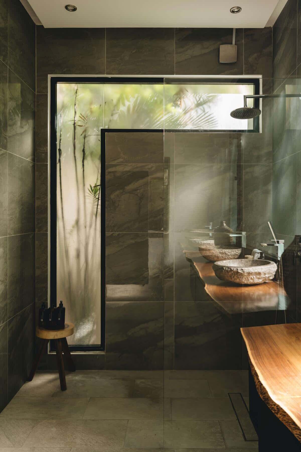 Shower, hair dryer, shampoo