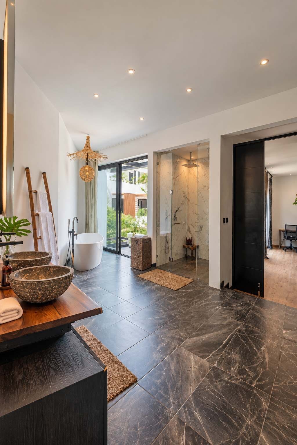 A modern bathroom with a glass shower enclosure, a marble wall, and a wooden vanity with bowls.
