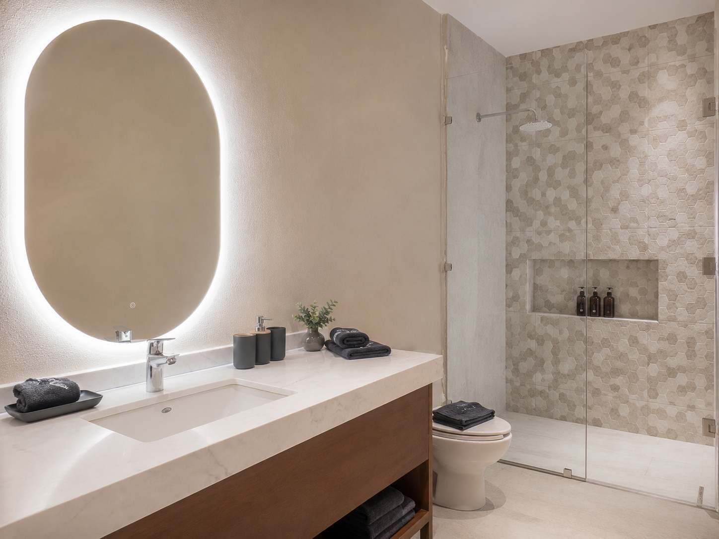 Shower, hair dryer, shampoo