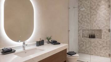 Shower, hair dryer, shampoo