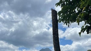 Eine tropische Landschaft mit einem Berg im Hintergrund, üppigem Grün und einem kleinen Gebäude mit rotem Dach.