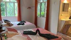 Ein Zimmer mit zwei Betten, Holzboden, einem Fenster mit Blick ins Grüne, einem Badezimmer mit Spiegel und Waschbecken sowie einer Tür mit Handtuchhalter.