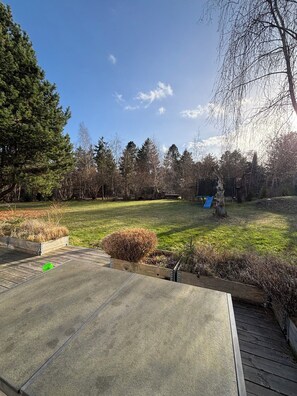 A backyard with a wooden deck, a grassy lawn, and a blue slide.
