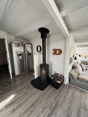 A cozy living room with a wood-burning stove, a sofa, and a refrigerator.