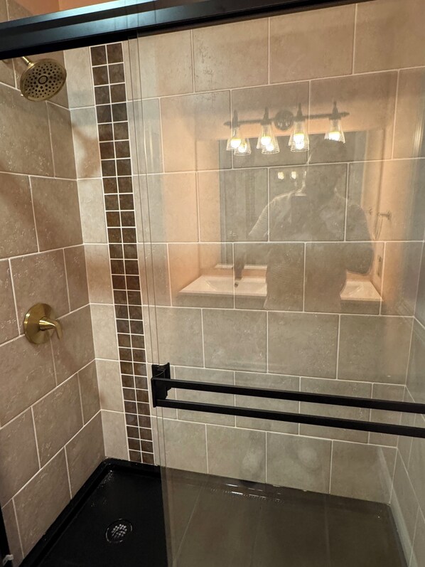 Hair dryer, towels, soap, shampoo