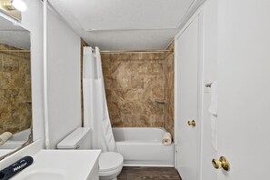Hair dryer, towels, soap, toilet paper