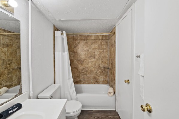 Hair dryer, towels, soap, toilet paper