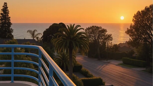 Tramonto visto da un balcone con vista su una strada, palme e uno specchio d'acqua.