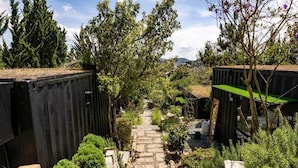 A pathway leading through a garden with stone steps, surrounded by various shrubs and trees.