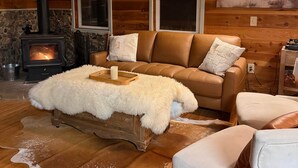 Un intérieur de chalet chaleureux avec une cheminée, des murs en bois, un canapé et un tapis en fourrure.