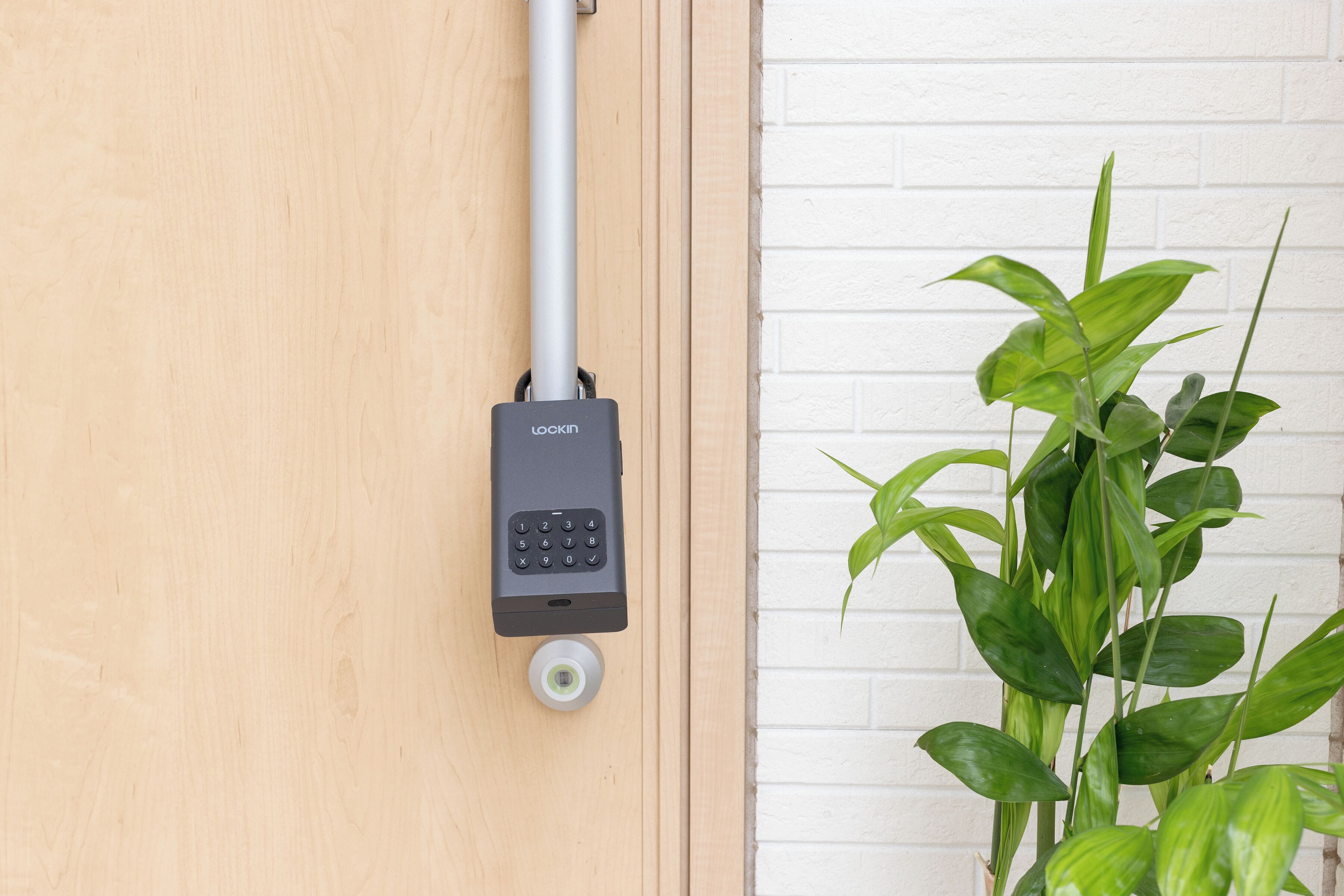 A door with a security keypad and a plant beside it.