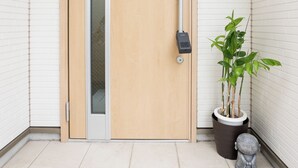 Une porte en bois avec un panneau de verre, une serrure à clavier, un pot de fleurs et une petite statue posée sur un sol carrelé.