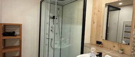 Hair dryer, towels, soap, toilet paper
