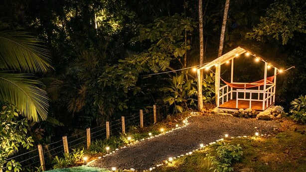 Ein Gartenweg führt zu einem hölzernen Pavillon mit Lichterketten.