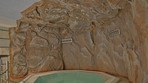 Un área de spa con hidromasaje, una pared de roca y una escalera de metal.
