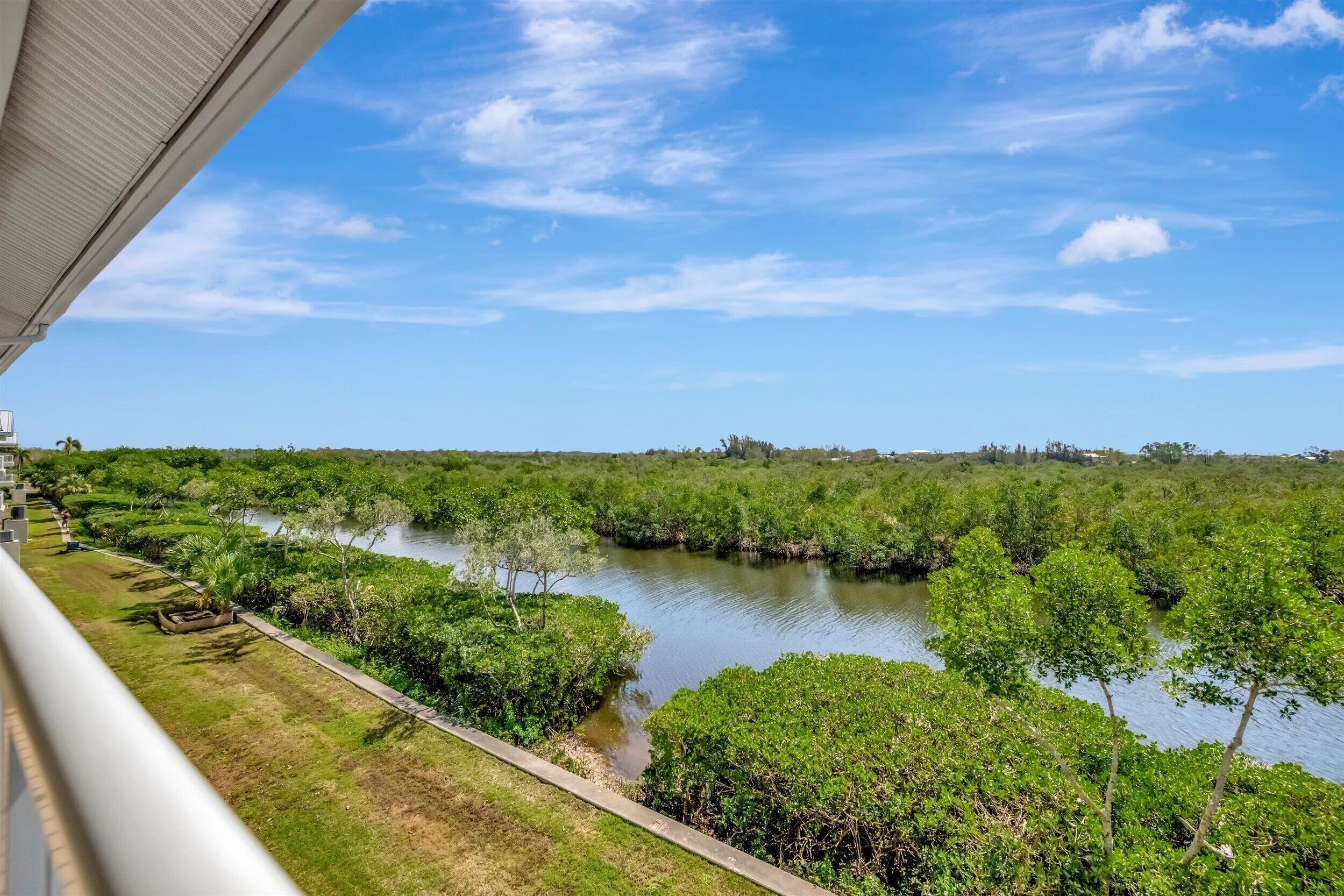 A view of a river surrounded by dense greenery, with a clear sky above.