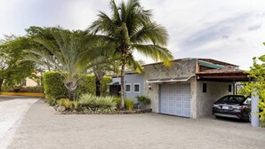 A house with a garage, a parked car, and a palm tree. - CasaMyra American Gourmet Breakfast Included (Playa Panama, Papagyo Bay)