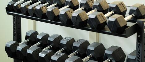 A rack of black dumbbells in a gym.