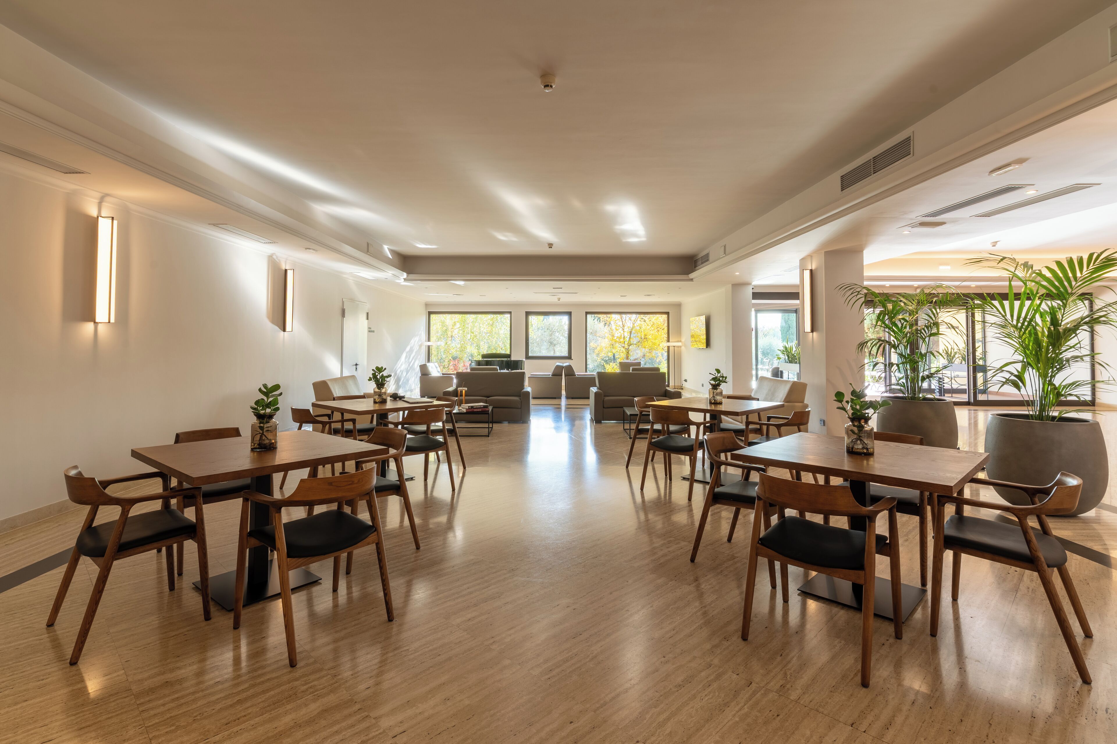 Une pièce spacieuse avec de nombreuses tables et chaises en bois, de grandes fenêtres et des plantes en pot.