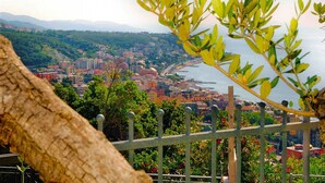 A coastal cityscape with buildings, a body of water, and a tree in the foreground. - Apartment in Cogoleto with pool (Cogoleto)