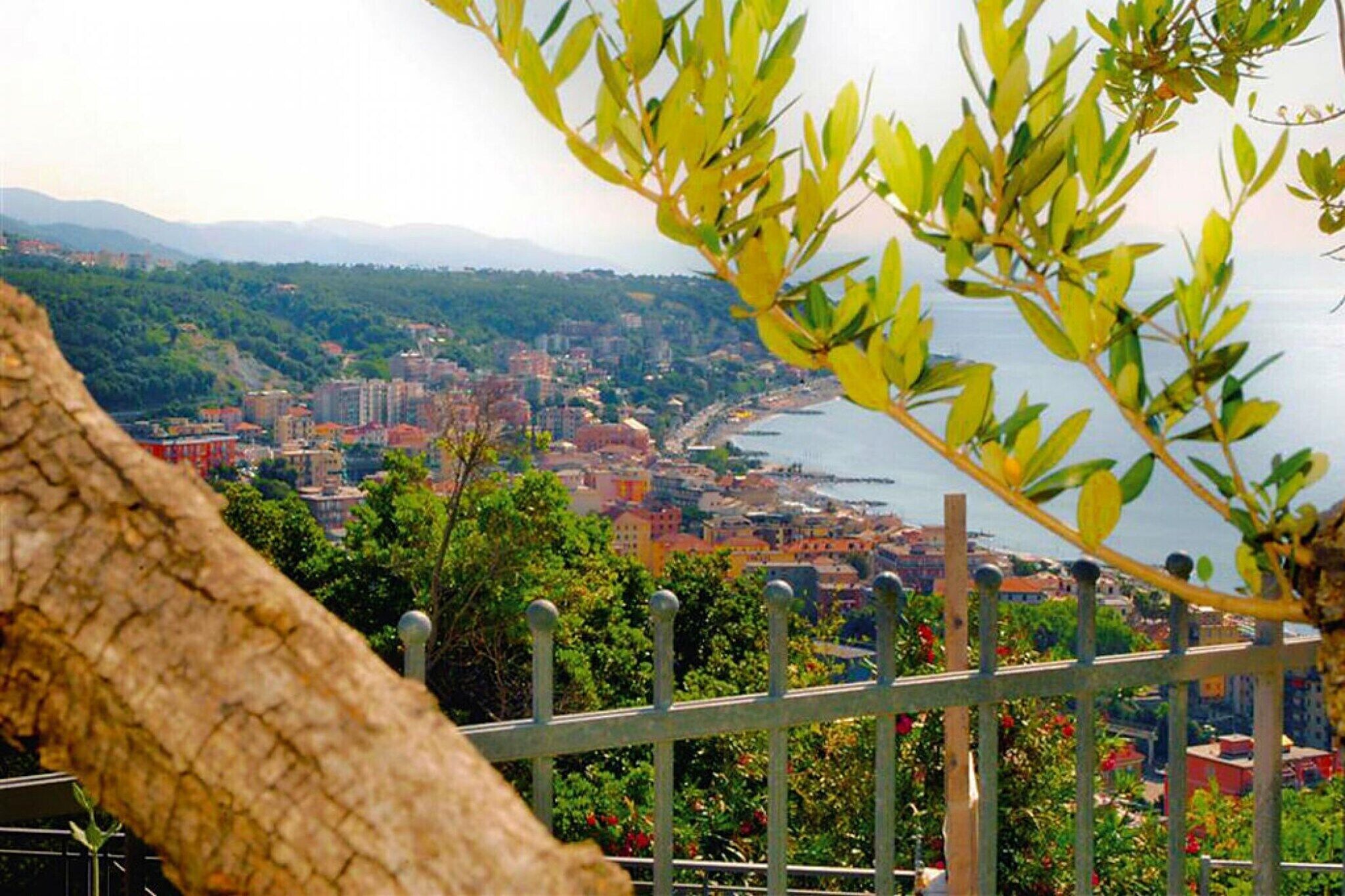 Paesaggio costiero urbano con edifici, una distesa d'acqua e un albero in primo piano.