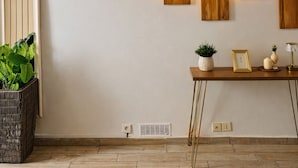 Ein modernes Wohnzimmer mit einem flachbildfernseher an der Wand, einem Holztischchen mit Dekoration und einer großen Kühlpflanze.